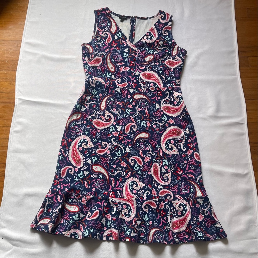 Talbots Paisley Ruffle Sleeveless A-Line Knee Length Dress Navy Pink Red White M